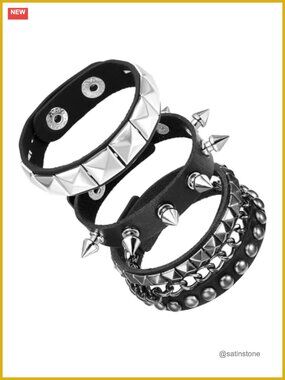 Set of 3 Studded Punk Leather Bracelets for Women Men Adjustable Spiked